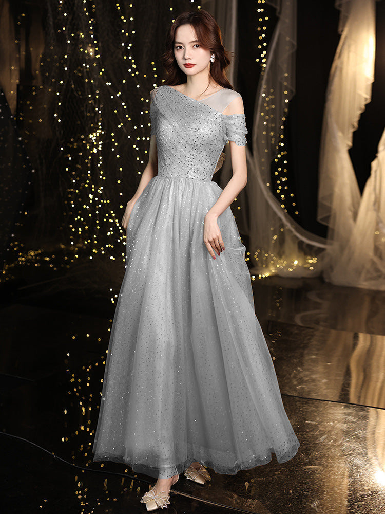 VAKKV Starry Sequins Evening Dress Banquet Temperament Light Luxury Minority Elegant  Style Annual Meeting Host Art Exam Dress