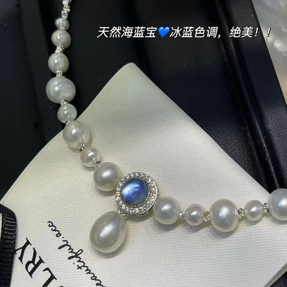 vakkv Aquamarine Pendant Small Pieces of Silver Necklace High-Grade S925 Sterling Silver All-Match Natural Fresh Water Short Pearl Necklace Female Summer