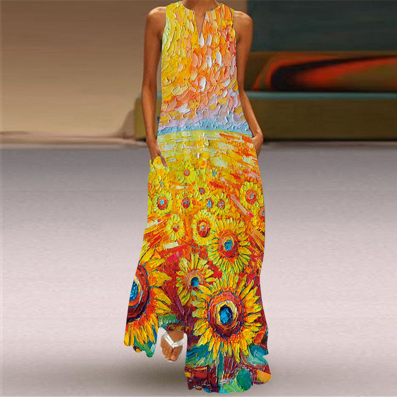 2024 Summer New New European and American Retro Printed Dress V-neck Multicolor Long Sexy Sleeveless Dress