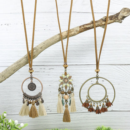 Cross-Border Hot Sale Long HOTan and NEWn Style Necklace Bohemian Style Tassel Flowers Pendant Ethnic Style Retro Necklace Wholesale