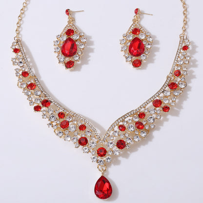 D416 Exquisite Colorful Crystal Glass Drop-Shaped Necklace Earrings Wedding Decoration Two-Piece Set Bridal Jewelry