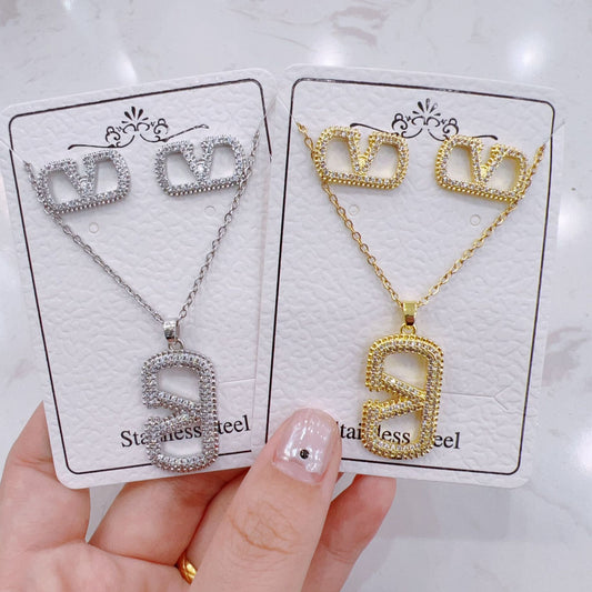 vakkv Cross-Border Hot  Diamond Necklace and Earrings Suite HOTan NEWn Simple Versatile Clavicle Chain Factory Wholesale Direct Wholesale