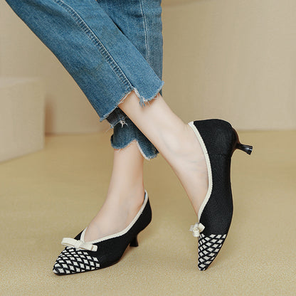 Princess Flying Woven Pumps Women's  New Cat Heel Pointed Toe Breathable Knitted Shoes All-Match Low-Cut Stiletto Heel Women's High Heels