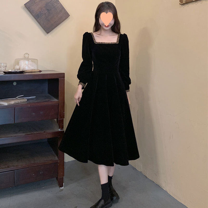 VSKKV Style Golden Edge Square Collar Velvet Dress Women's Clothing Autumn Winter Retro Hepburn Style Inner Evening Dress A- line Long Skirt