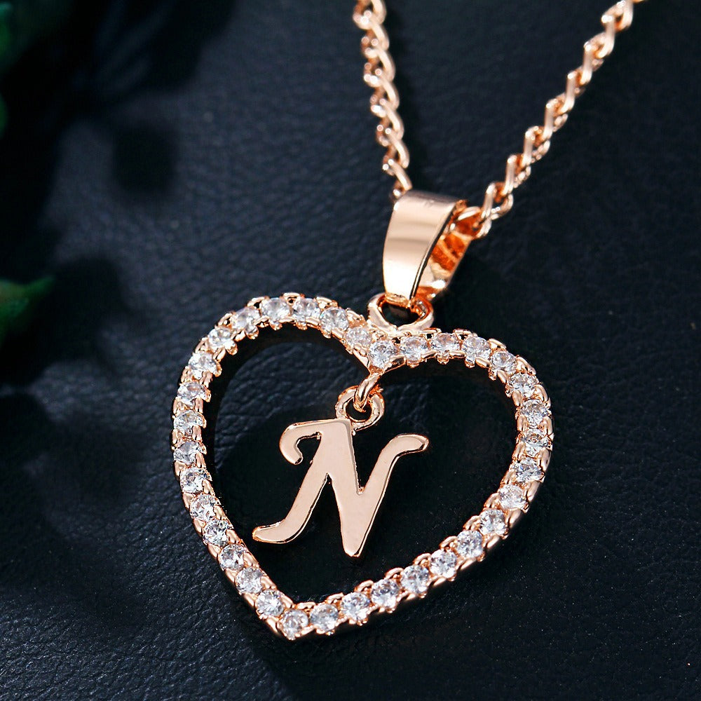 In Stock Direct Selling Exclusive for Cross-Border Letter Necklace 26 Letter Heart-Shaped Zircon Necklace Jewelry Love Heart Pendant Necklace