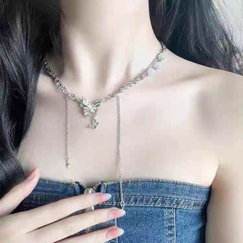 vakkv  High-Grade Drawable Silver Butterfly Tassel Necklace Female Light Luxury Minority Design Fashionable Temperamental All-Match Clavicle Chain