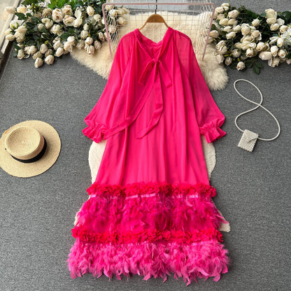 French high-quality long-sleeved dress, women's niche design, loose and thin, heavy work, feather tassels, chic long skirt