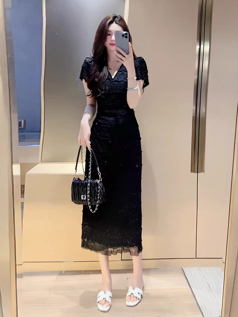 South Korea Chic One-Piece Lace Crochet Flying Sleeves Dress Female Summer Elegance V-neck Lace-up Waist-Slimming Long Dress