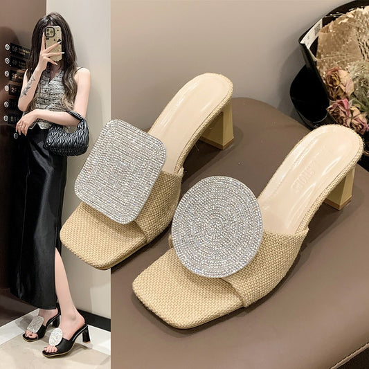 Cross-Border HOTan and NEWn plus Size Slippers  Fashion round Buckle High Heel Leisure Female Foreign Trade Female Beach Slippers