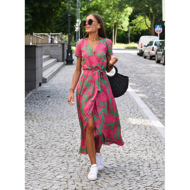 2024 European and American Women's Clothing  Hot Trade   Summer New V-neck Printed Lace-up Dress