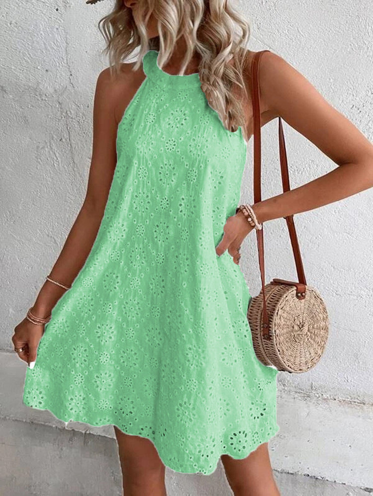 2024 Europe and America Cross Border Hot Trade Summer New Women's Lace Solid Color Sleeveless Button Halter  Dress