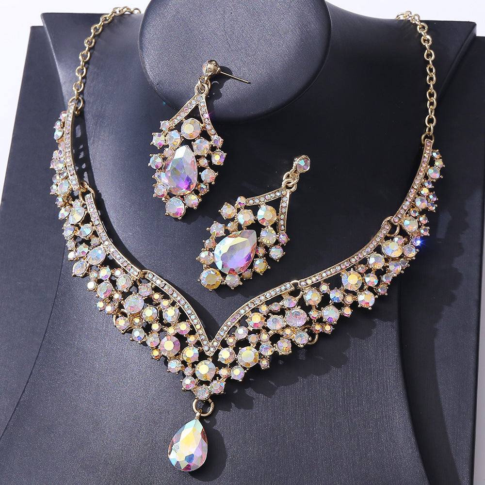 D416 Exquisite Colorful Crystal Glass Drop-Shaped Necklace Earrings Wedding Decoration Two-Piece Set Bridal Jewelry