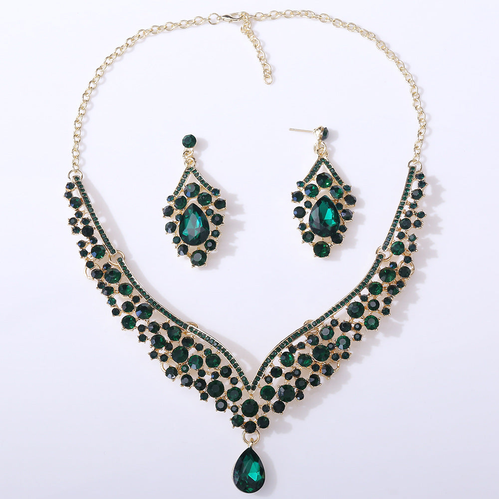 D416 Exquisite Colorful Crystal Glass Drop-Shaped Necklace Earrings Wedding Decoration Two-Piece Set Bridal Jewelry