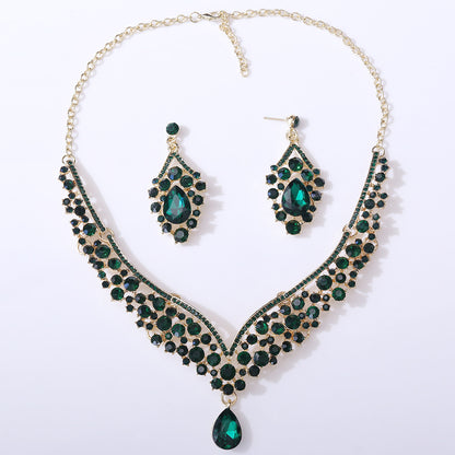 D416 Exquisite Colorful Crystal Glass Drop-Shaped Necklace Earrings Wedding Decoration Two-Piece Set Bridal Jewelry