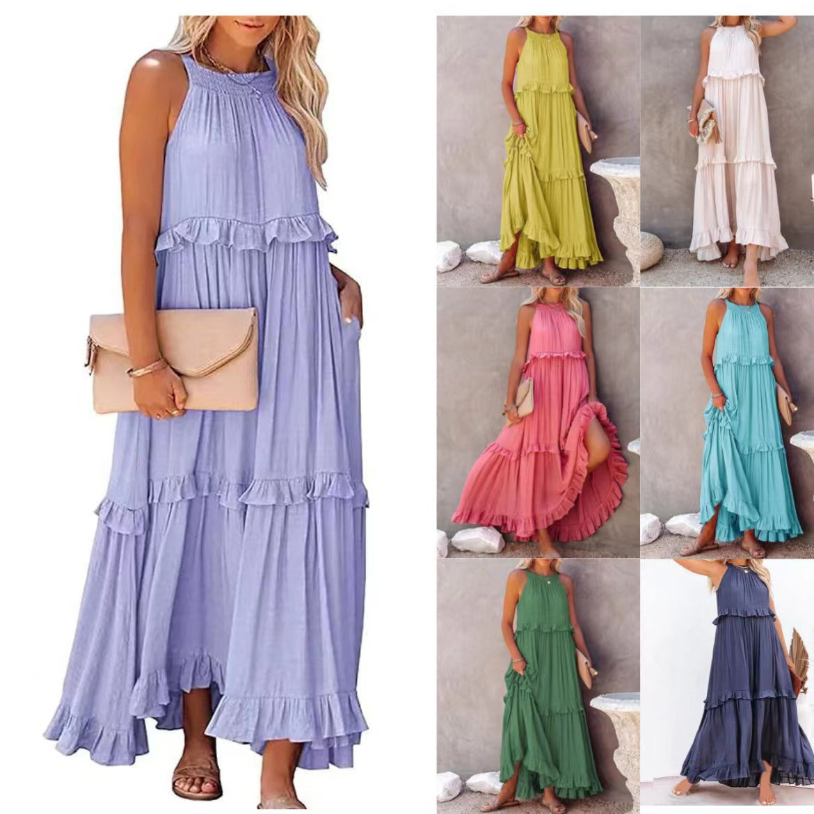 European and American 2024 Summer New Holiday Ruffled Long Dress  Wide Hem Flowy Beach Dress for Women