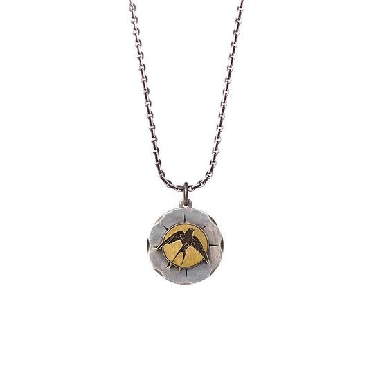 vakkv Retro Original 925 Sterling Silver Swallow Coin Pendant Retro Distressed round Brand Neutral Men's and Women's Necklaces Men's Fashion Gold Wrong