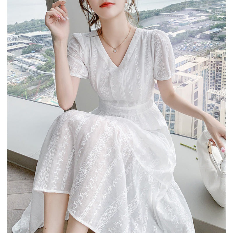 New  Style High-Grade Summer Short-Sleeved Skirt Small Long Skirt White Lace Dress Women's Spring