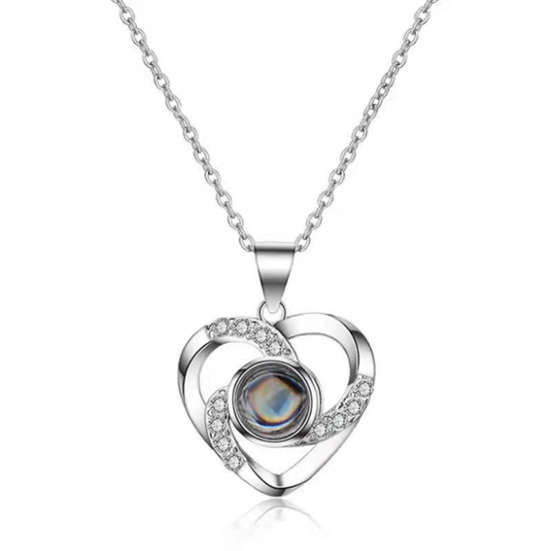 925 Silver Love Projection Necklace Female Heart-Shaped 100 Languages I Love You Clavicle Chain Factory Wholesale One Piece Dropshipping