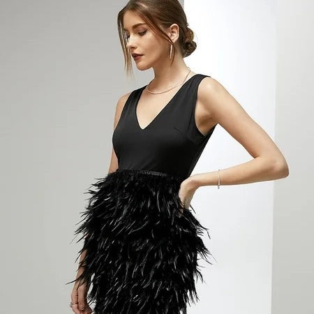 European and American Spring and Summer New Vest Furry Lace-up Dress  Slim Fit Temperament Waist-Controlled Sleeveless Feather Skirt