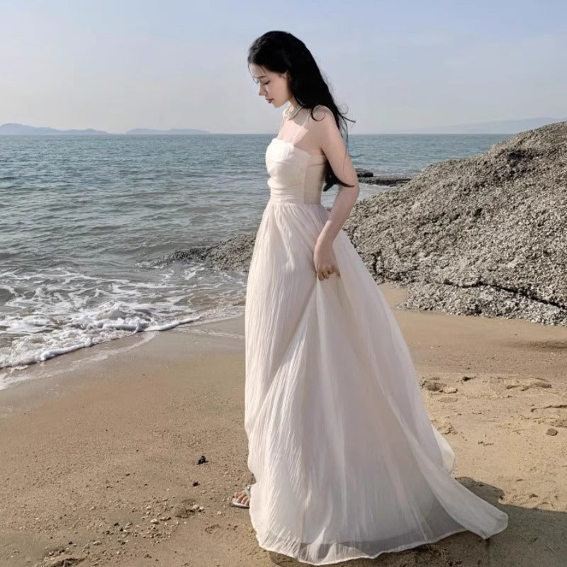 VAKKV  Seaside Holiday Gentle Beautiful Chiffon Sling Dress Summer Atmosphere High Waist Mesh Long Skirt
