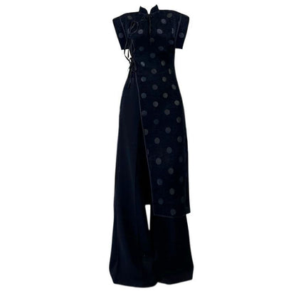 Plus Size Plump Girls Elegant Improved Cheongsam Dress Women's Summer Design Temperament Irregular Polka Dot Midi Dress Jing