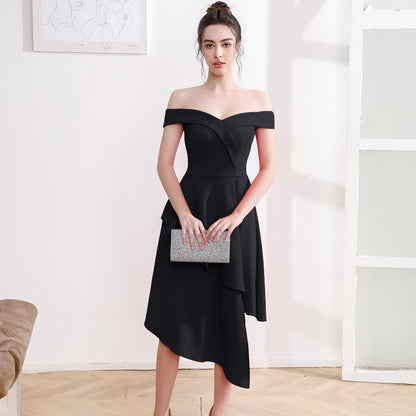VAKKV Evening Dress Women's Small off-Shoulder Mid-Length Slimming Company Annual Meeting Host Irregular Hem Dress