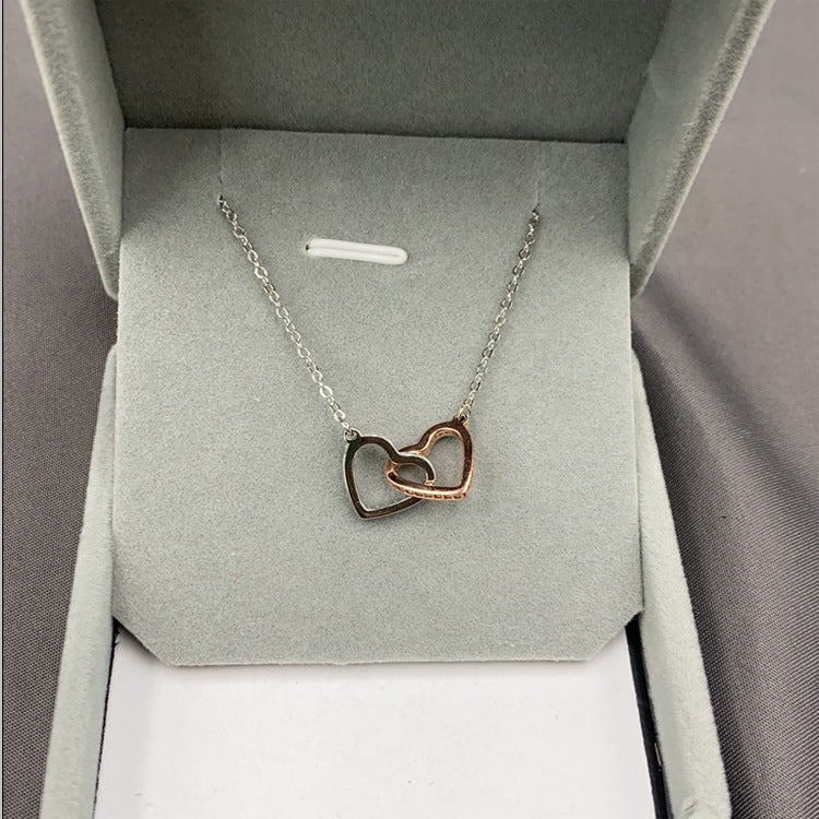 S925 Silver Heart-to-Heart Double Ring Necklace Korean Style Simple Pendant Clavicle Chain Valentine's Day Gift Silver Accessories Wholesale