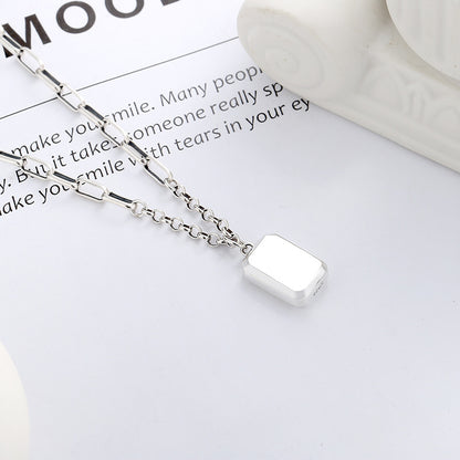 Chaosheng S925 Sterling Silver Box Letter Square Plate Necklace Ins Niche Design  Entry Lux Style Clavicle Chain Female