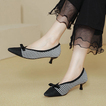 Princess Flying Woven Pumps Women's  New Cat Heel Pointed Toe Breathable Knitted Shoes All-Match Low-Cut Stiletto Heel Women's High Heels