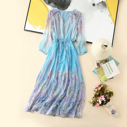 VAKKV  Mulberry Silk Dress Spring/Summer  New V-neck Slimming Gentle Floral Skirt Brand High-End Temperament Silk Dress
