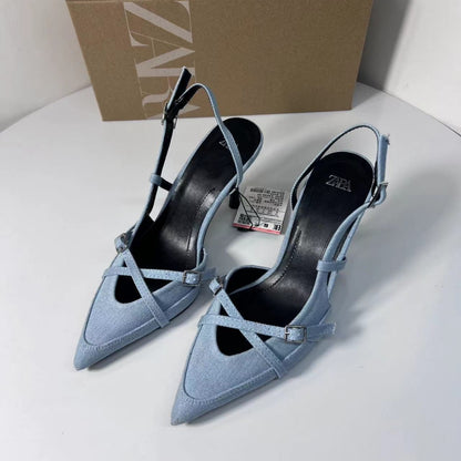 Sky Blue Denim Pointed Buckle High Heel Sandals Cross Strap  New Women's Shoes Za High Heels  Style