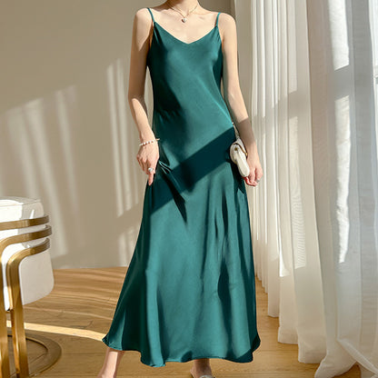 Summer New Mid-Length Dress Sleeveless Cold-Shoulder Light Luxury Mulberry Silk Acetate Satin Artificial Silk Suspender Skirt for Women