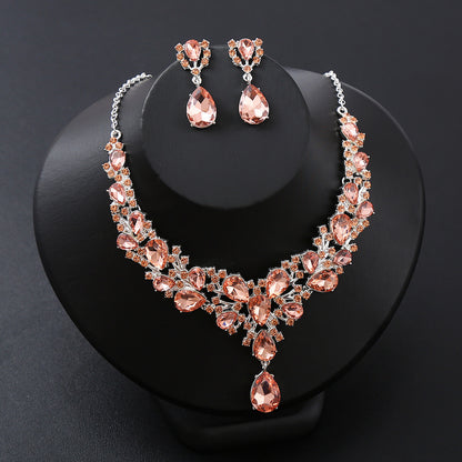 vakkv  Cross-Border E-Commerce Water Drop Super Shiny Rich Bridal Necklace Three-Piece Zircon New Style Necklaces Gem Short Crystal