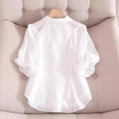 New Young  Elegant Puff Sleeve Top White Short-Sleeved Shirt Women's Summer Design Sense Niche