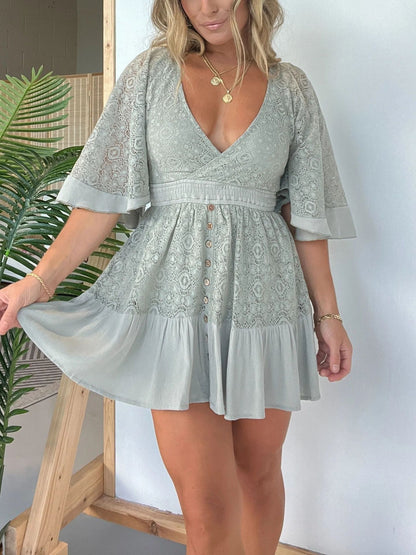 2024 Summer European and American Hot Trade   Wish New Women's Lace Stitching Batwing Sleeve Dress