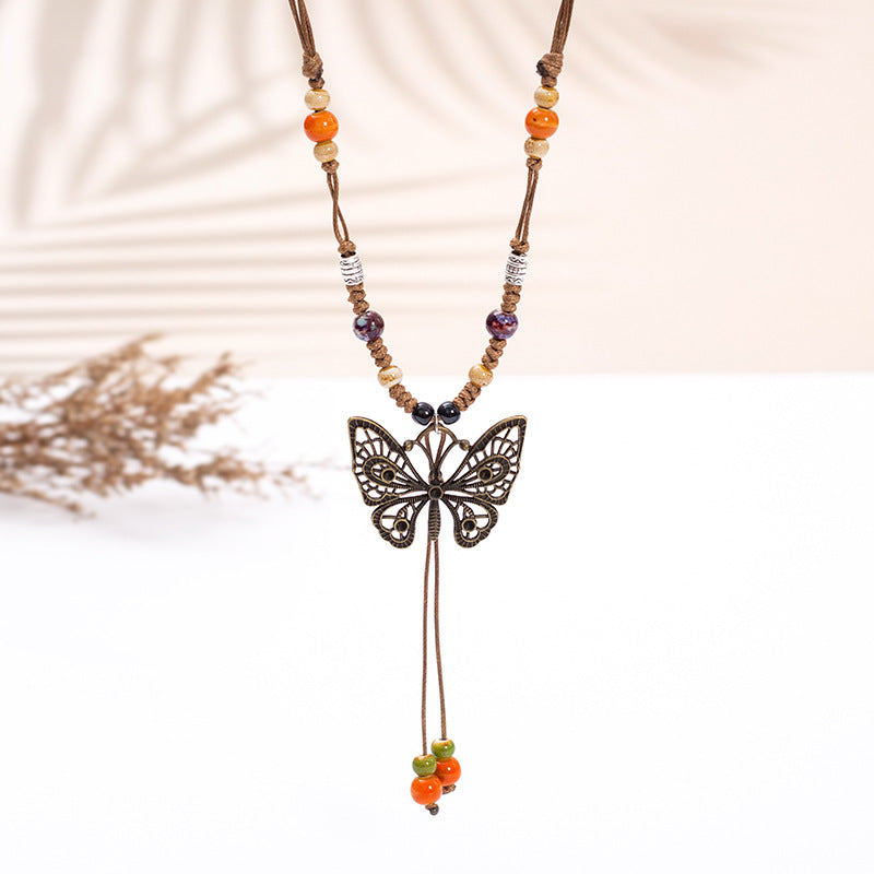 vakkv  Noble Butterfly Ethnic Style Ceramic Long Sweater Chain Women's Ancient Style Ornaments Retro Chinese Style Butterfly Necklace Wholesale