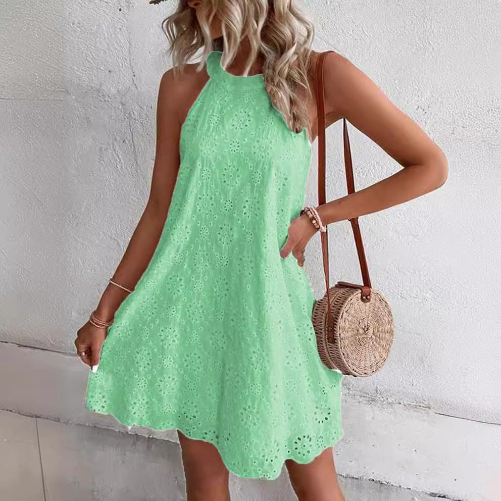 2024 Europe and America Cross Border Hot Trade Summer New Women's Lace Solid Color Sleeveless Button Halter  Dress