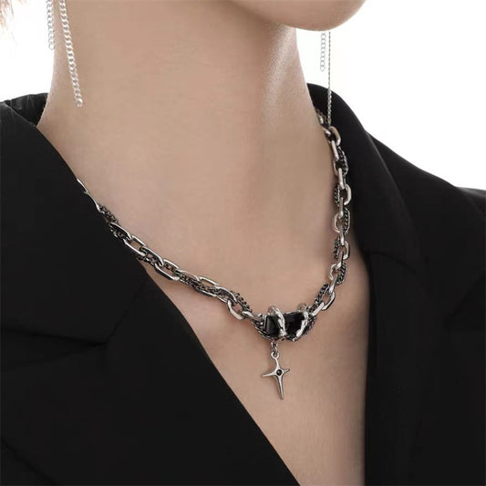 HOTan and NEWn Simple Black Zircon Niche Design Cross Stitching Advanced Fashion Disco Titanium Steel Clavicle Chain Necklace