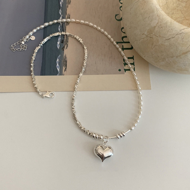 Korean Style S925 Sterling Silver Small Pieces of Silver Love Pearl Necklace Women's Fashion Personality Affordable Luxury High-Grade Stitching Clavicle Chain