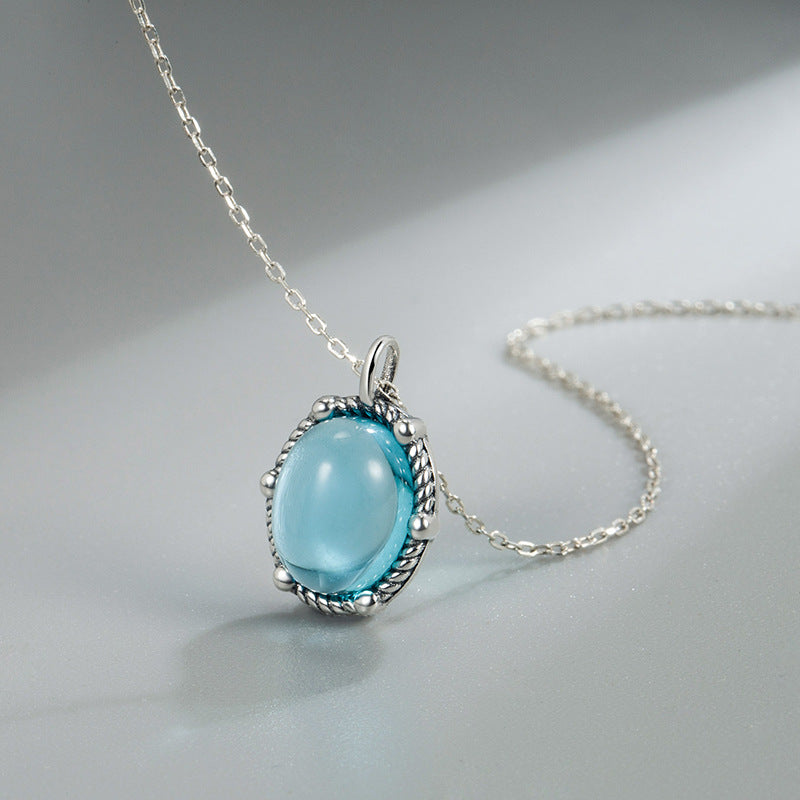 Korean Style Thai Silver 925 Sterling Silver Blue Light Stone Drop Pendant Silver Necklace Women's Simple All-Match Ins Cold Style Clavicle Chain