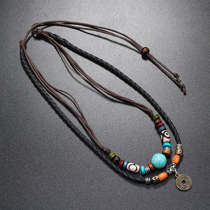 HOTan and NEWn Retro Style Multi-Layer Turquoise Beaded Weave Leather Necklace Personality Alloy Bronze Coin Pendant Men's Necklace