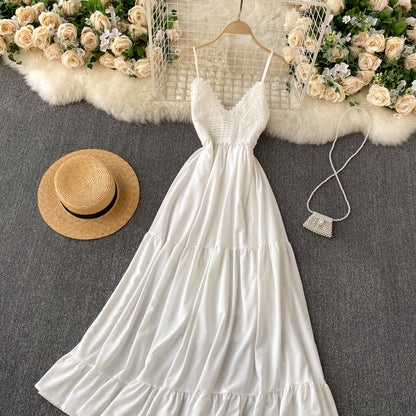 VAKKV Sexy Spaghetti Straps Backless Lace White Dress Summer Women Holiday Dress P216