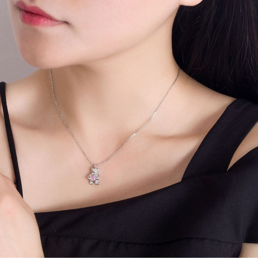 vakkv  Original S925 Sterling Silver Pink Zircon Love Bear Necklace Female Ins Pendant Light Luxury Minority High-Grade Accessories