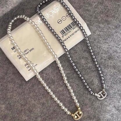 vakkv Letter Pig Bright Pearl Necklace Sweater Chain Retro Personality and Minimalism All-Matching Graceful Necklace Clavicle Chain