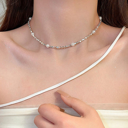 vakkv Small Pieces of Silver Pearl Necklace Light Luxury Clavicle Chain Special-Interest Design High Sense Necklace  New Popular Accessories