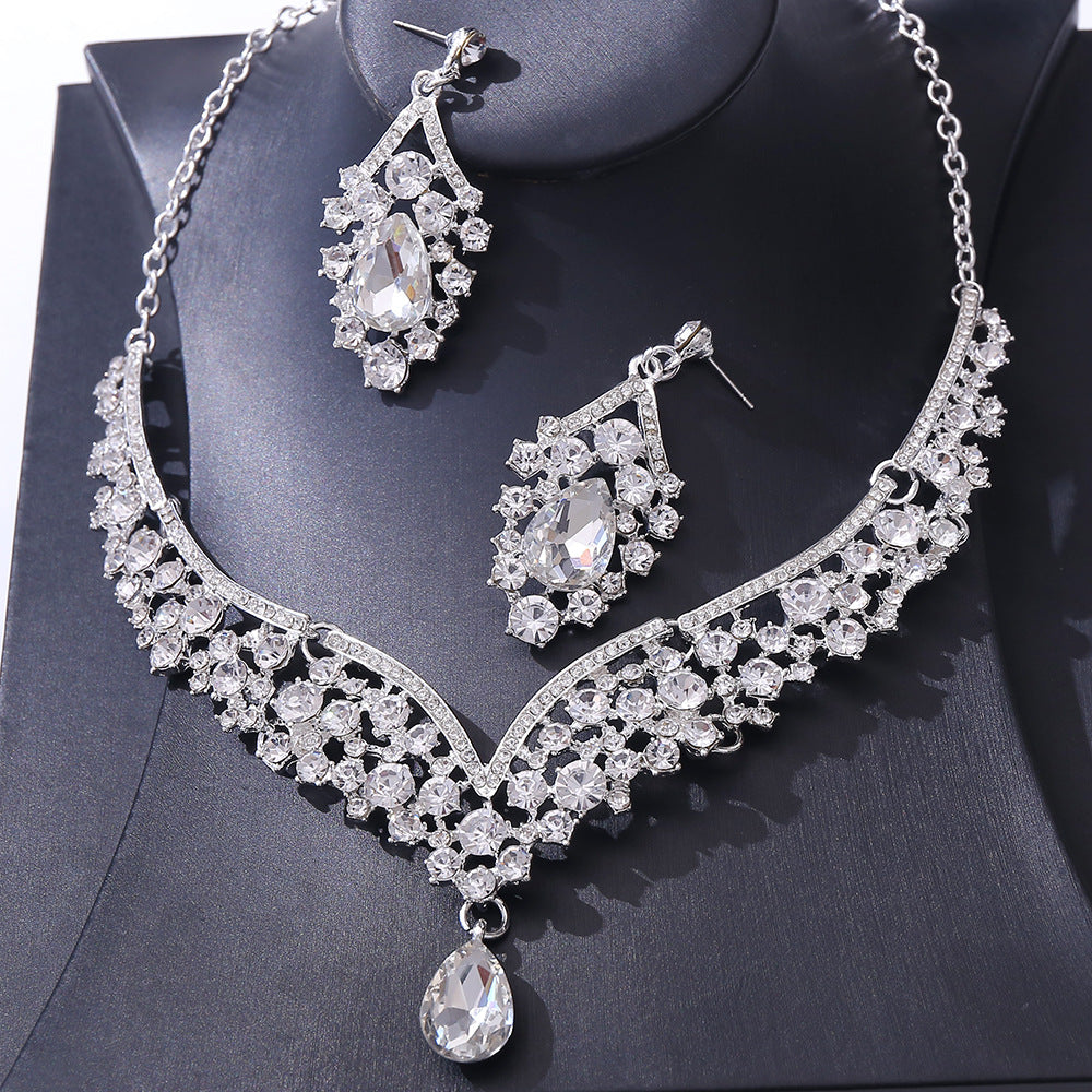 D416 Exquisite Colorful Crystal Glass Drop-Shaped Necklace Earrings Wedding Decoration Two-Piece Set Bridal Jewelry