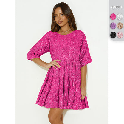 Cross-Border Hot Sequins Dress Fall Women's Clothing European and American Foreign Trade round Neck Sexy Sequin A- line Skirt Skirt