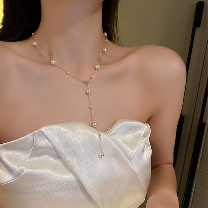 vakkv  Super Fairy Long Pearl Necklace Trendy Temperament Palace Style Special-Interest Design Clavicle Chain Exquisite Gentle Sweater Chain