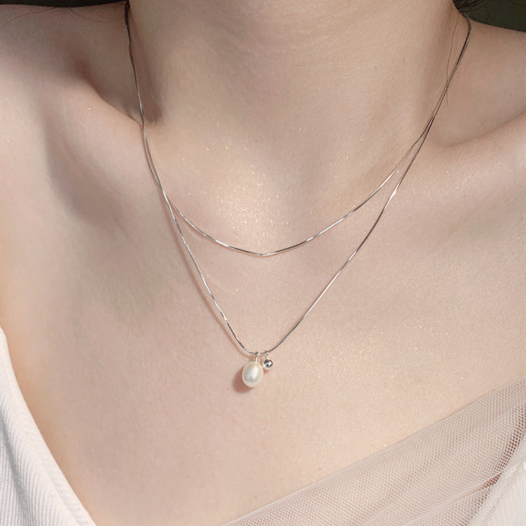 Niche Double-Layer Pearl Necklace Female Korean Simple Ins Cool Style Advanced Twin Design Temperament Snake Bones Chain