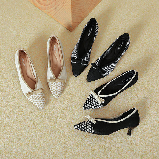 Princess Flying Woven Pumps Women's  New Cat Heel Pointed Toe Breathable Knitted Shoes All-Match Low-Cut Stiletto Heel Women's High Heels